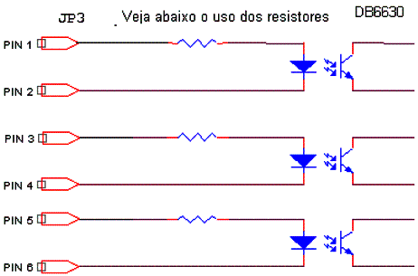 Circuito equivalente de entrada, observando-se a utilização de acopladores ópticos. Com esta configuração têm-se um isolamento total do circuito de controle em relação à etapa de potência que alimenta o motor. Circuito equivalente de entrada, observando-se a utilização de acopladores ópticos. Com esta configuração têm-se um isolamento total do circuito de controle em relação à etapa de potência que alimenta o motor.