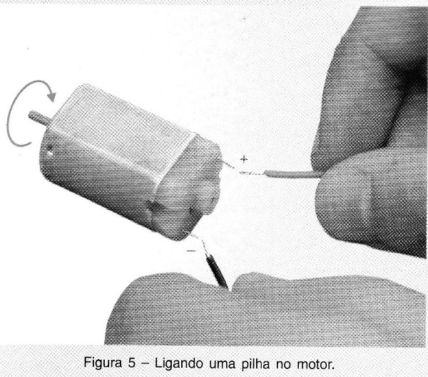 Ligando uma pilha no motor.
Ligando uma pilha no motor.