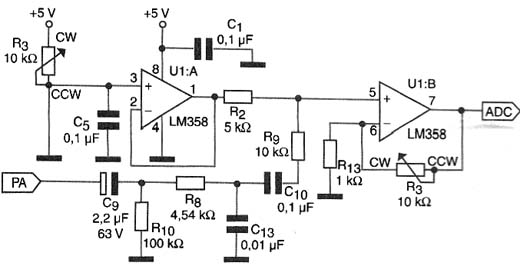 A interface de microfone utilizando dois amplificadores operacionais.