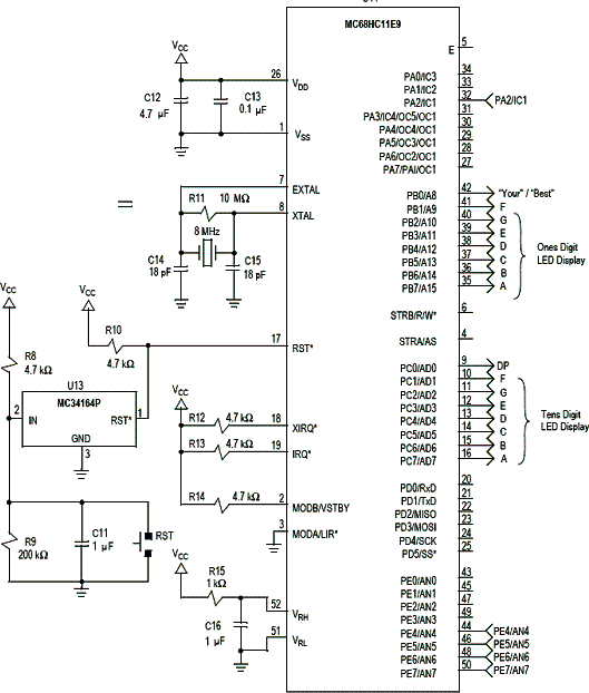 Circuito do setor de processamento com o microcontrolador MC68HC11E9 da Freescale. Circuito do setor de processamento com o microcontrolador MC68HC11E9 da Freescale.