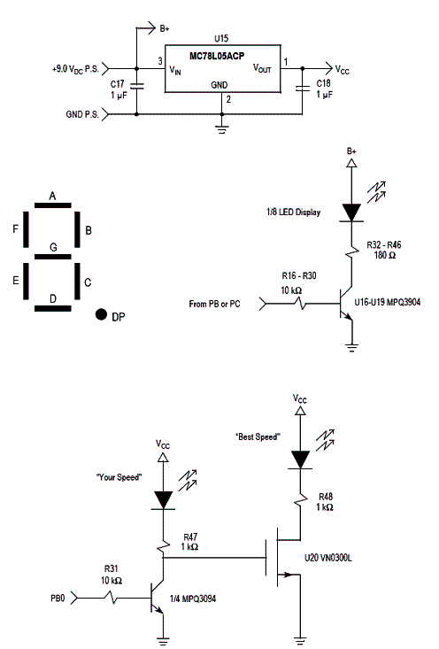 Circuito regulador de tensão e de excitação para os LEDs indicadores.  