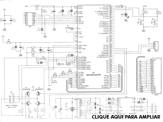 Diagrama completa do Pulsoxímetro óptico desenvolvido em torno do microcontrolador MSP430. 