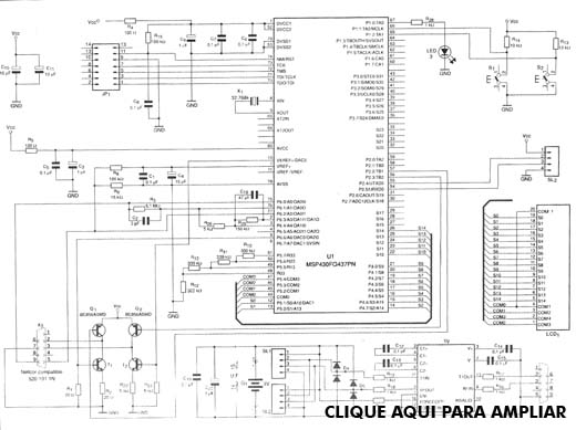 Diagrama completa do Pulsoxímetro óptico desenvolvido em torno do microcontrolador MSP430. Diagrama completa do Pulsoxímetro óptico desenvolvido em torno do microcontrolador MSP430.
