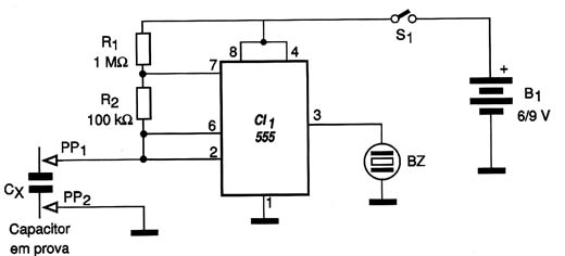 Diagrama elétrico do teste de capacitores. 