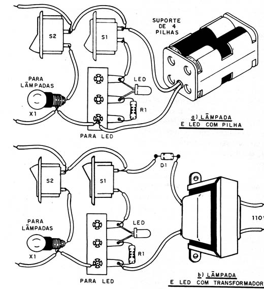 Aspecto da montagem - Os fios podem ser longos e mais lâmpadas ou leds ligados. 