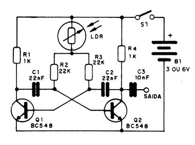 Figura 1- Diagrama do multivibrador controlado por luz
Figura 1- Diagrama do multivibrador controlado por luz