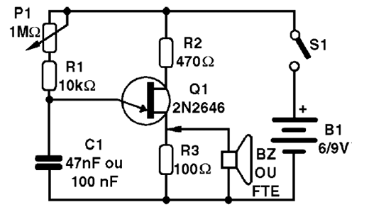 Figura 1 – Diagrama completo do oscilador UJT
Figura 1 – Diagrama completo do oscilador UJT