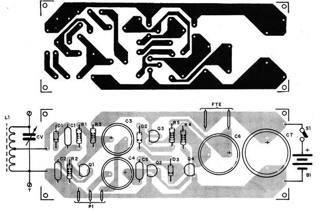 Figura 3 – Placa de circuito impresso para o rádio de 4 transistores
Figura 3 – Placa de circuito impresso para o rádio de 4 transistores