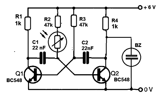 Figura 1- Diagrama do multivibrador de áudio controlado pela luz
Figura 1- Diagrama do multivibrador de áudio controlado pela luz