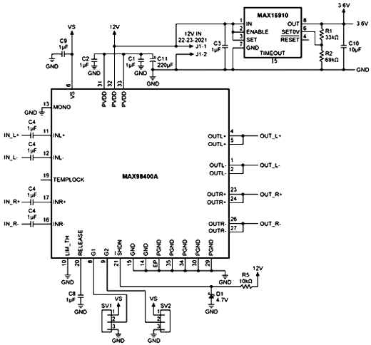 Figura 2 - Amplificador classe D MAX98400A usado no projeto. Figura 2 - Amplificador classe D MAX98400A usado no projeto.