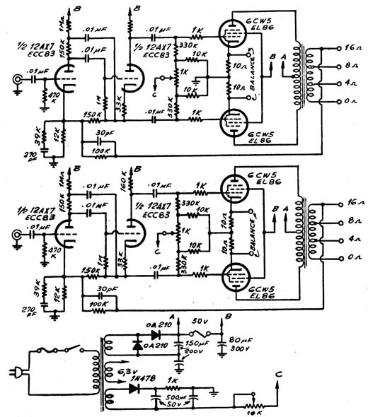 Amplificador de alta fidelidade de 20 W por canal usando válvulas EL86. 